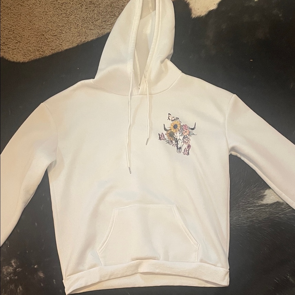 White Hoodie with Floral Bull Skull Design